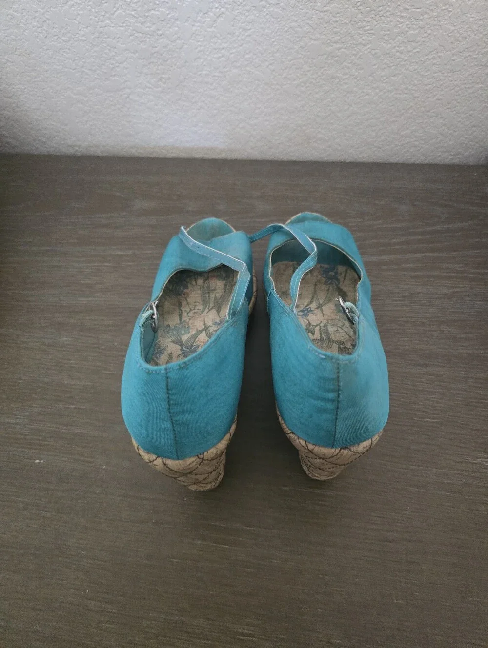 Teal Peep-Toe Wedge Sandals with Teal Strap, well Worn